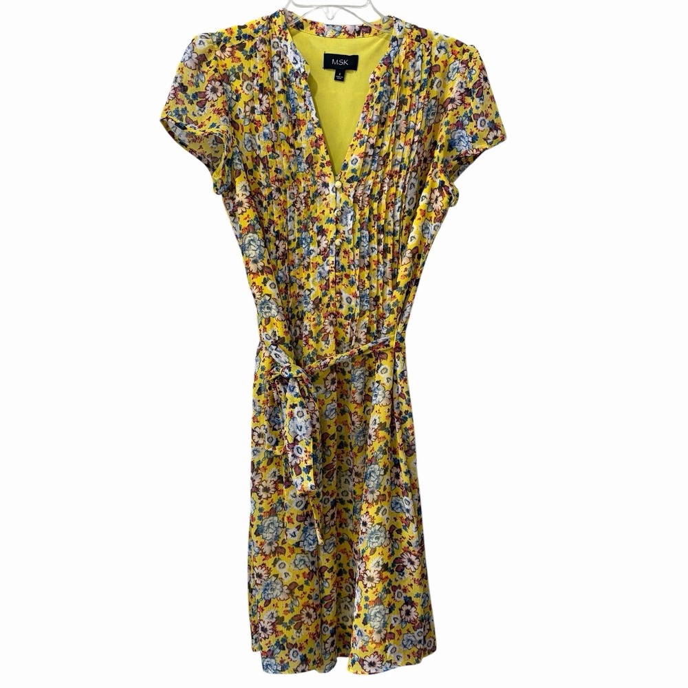 MSK dress Yellow Floral Knee Length‎ Dress 8 Short Sleeve Tie Waist Cottagecore